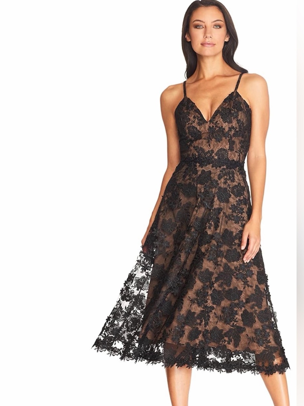 NWT Dress the Population Tahani Black Lace Over Nude Midi Dress, Large
